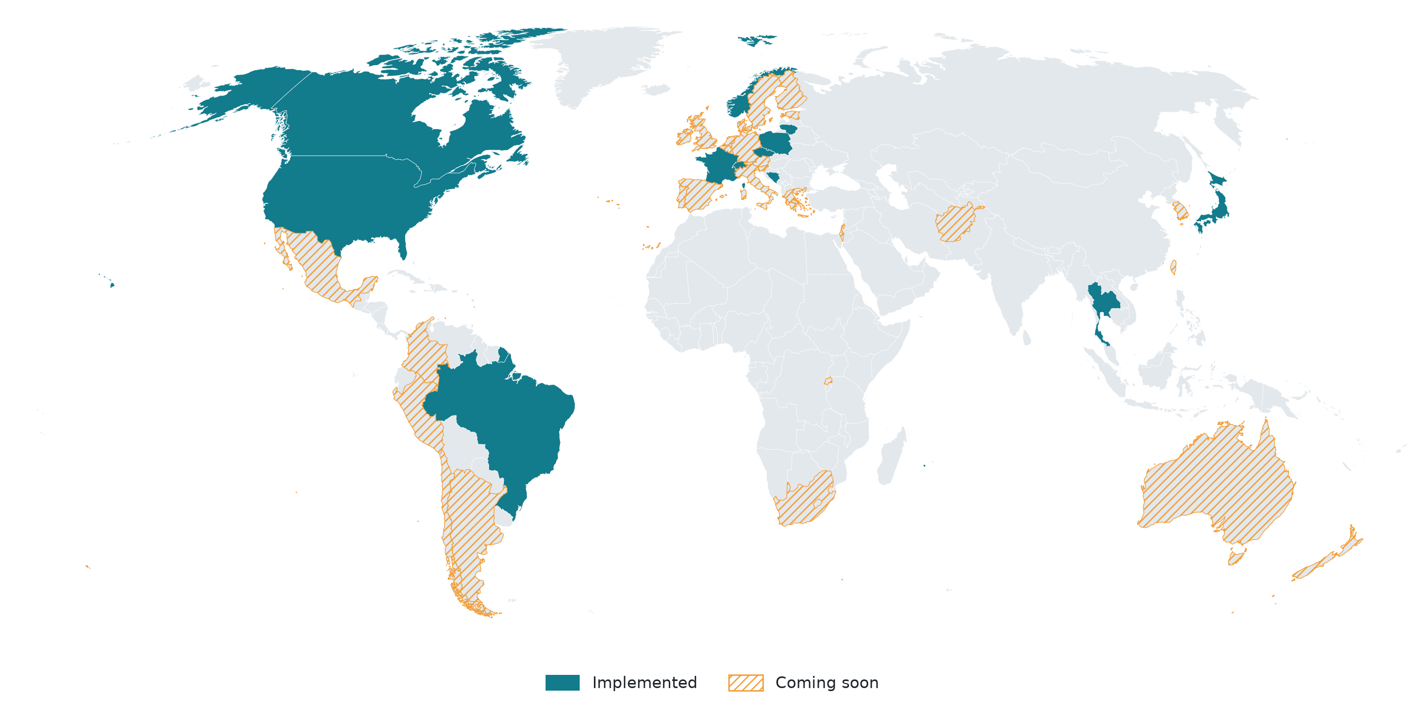 Countries with implemented providers in solid green and countries coming soon in orange stripes; implemented providers are listed in the table below.